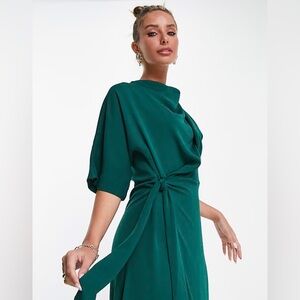 ASOS DESIGN cowl neck midi dress with wrap skirt in forest green